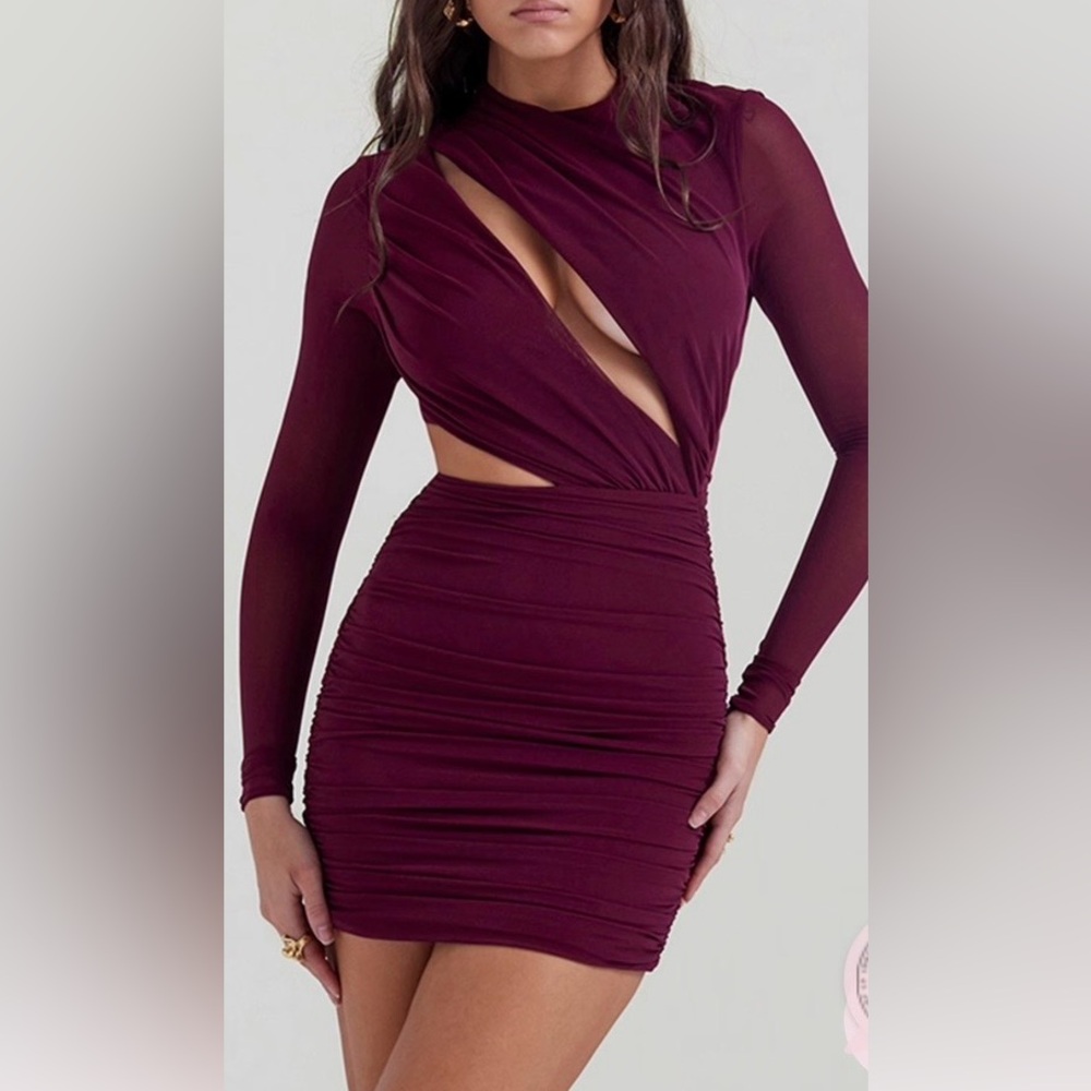 House of CB Wine Long Sleeve Cutout Ruched Bodycon Dress